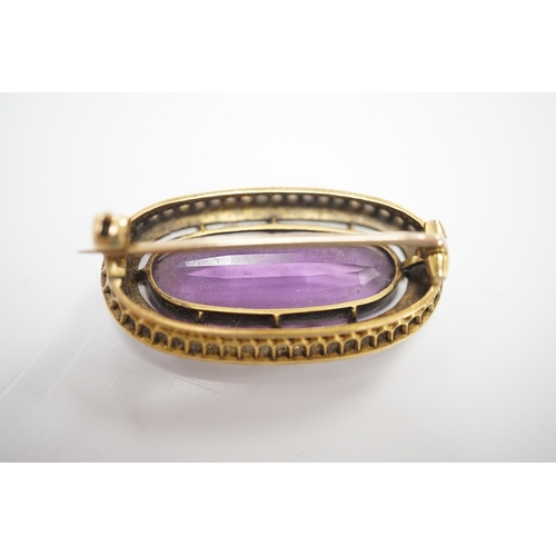 1901 - An early 20th century yellow metal mounted amethyst and split pearl cluster set oval brooch, 32mm, g... 