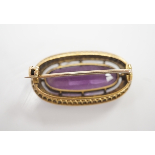 1901 - An early 20th century yellow metal mounted amethyst and split pearl cluster set oval brooch, 32mm, g... 