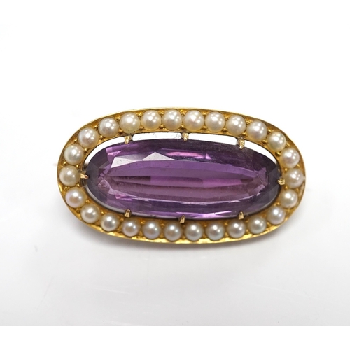 1901 - An early 20th century yellow metal mounted amethyst and split pearl cluster set oval brooch, 32mm, g... 