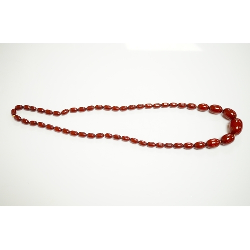 1905 - A single strand graduated simulated cherry amber oval bead necklace, 70cm, gross weight 51 grams. Co... 