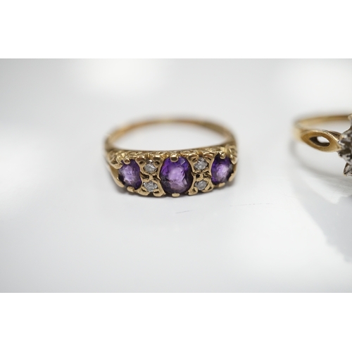 1912 - Three assorted 9ct and gem set rings including a diamond chip cluster half hoop and two pairs of yel... 