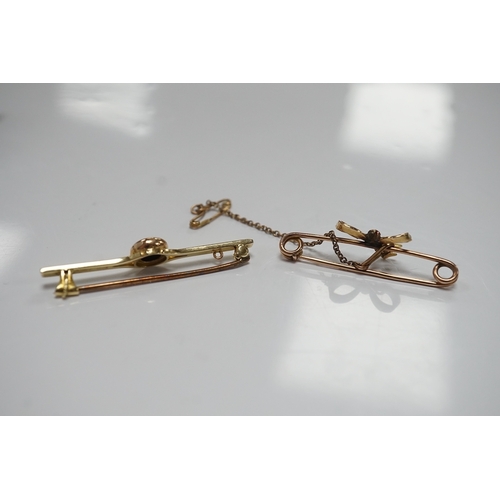 1915 - An early 20th century 15ct and solitaire diamond set bar brooch, 44mm, gross 3.5 grams and a similar... 