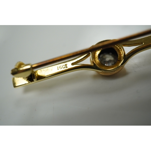 1915 - An early 20th century 15ct and solitaire diamond set bar brooch, 44mm, gross 3.5 grams and a similar... 