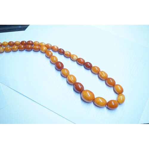 1926 - A single strand graduated oval amber bead necklace, 110cm, gross weight 103 grams. Condition - poor ... 