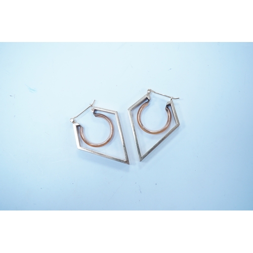 1930 - A modern pair of two colour yellow metal geometric earrings, 38mm, 5.7 grams. Condition - fair to go... 