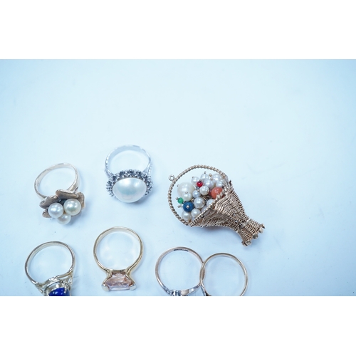 1962 - A modern 14k and three stone cultured pearl set cluster ring, size M, an 18ct, plat and two stone il... 