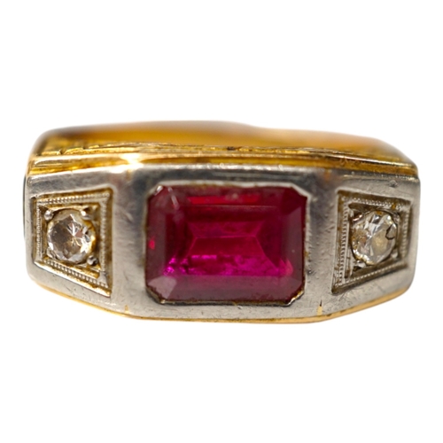 1965 - An 18k, single stone synthetic ruby and two stone diamond set ring, the shoulders embossed with LEX ... 