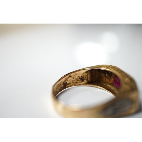 1965 - An 18k, single stone synthetic ruby and two stone diamond set ring, the shoulders embossed with LEX ... 