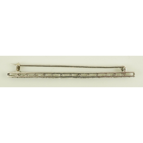 1967 - A 1920's platinum? and nineteen millegrain set graduated diamond bar brooch, 59mm, gross weight 4.6 ... 