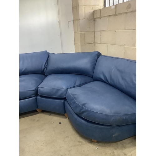 18 - A Contemporary blue leather corner sofa, width 340cm, depth 96cm, height 73cm. Condition - fair... 