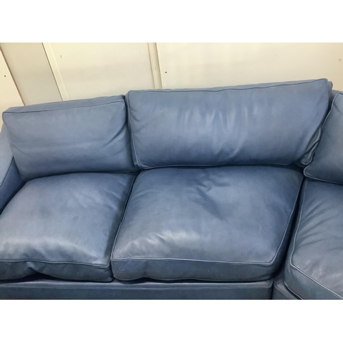 18 - A Contemporary blue leather corner sofa, width 340cm, depth 96cm, height 73cm. Condition - fair... 