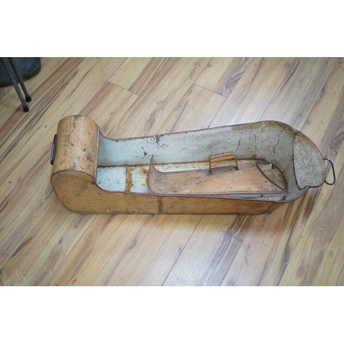 253 - A WWII tin leg bath, with cover and tap to foot end, length 88cm. Condition - poor to fair, surface ... 