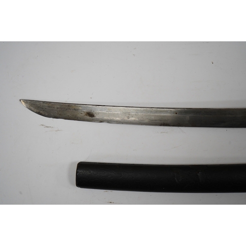 263 - A Japanese short sword wakizashi, blade 42.5cm unsigned, iron mokko tsuba with inlaid details, tape ... 