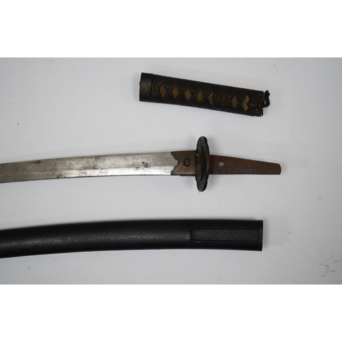 263 - A Japanese short sword wakizashi, blade 42.5cm unsigned, iron mokko tsuba with inlaid details, tape ... 