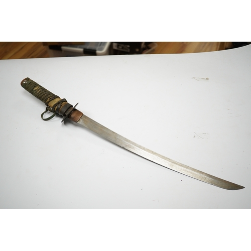 271 - A Japanese sword wakizashi blade 42.8cm signed, iron tsuba, tape bound tsuka, no scabbard. Condition... 