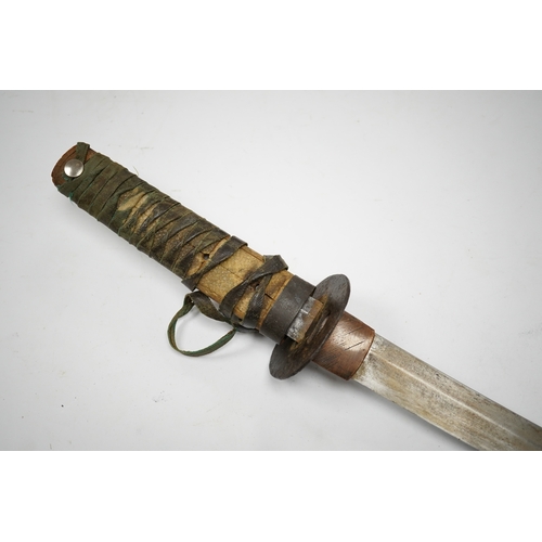 271 - A Japanese sword wakizashi blade 42.8cm signed, iron tsuba, tape bound tsuka, no scabbard. Condition... 