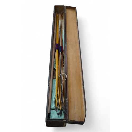 277 - Five Victorian and later archery longbows, a blank for a longbow, and a selection of arrows, boxed. ... 