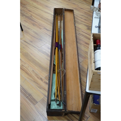 277 - Five Victorian and later archery longbows, a blank for a longbow, and a selection of arrows, boxed. ... 