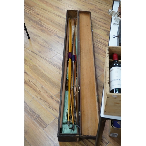 277 - Five Victorian and later archery longbows, a blank for a longbow, and a selection of arrows, boxed. ... 