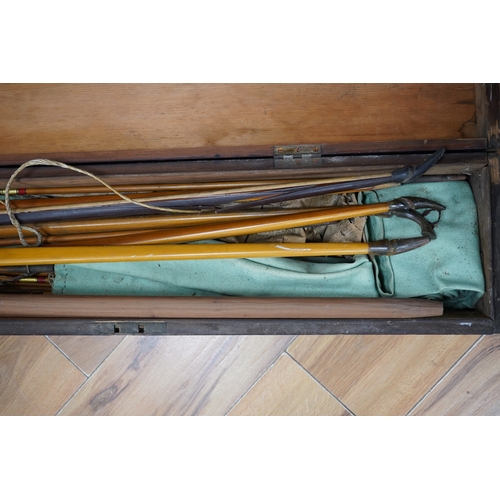 277 - Five Victorian and later archery longbows, a blank for a longbow, and a selection of arrows, boxed. ... 