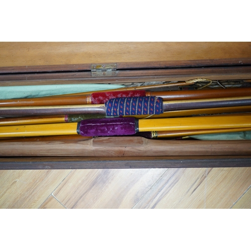 277 - Five Victorian and later archery longbows, a blank for a longbow, and a selection of arrows, boxed. ... 