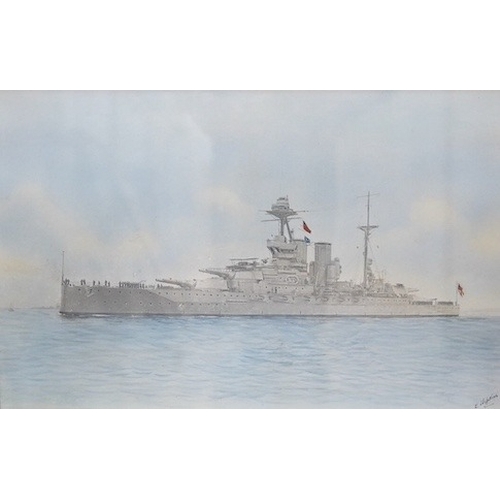 281 - Two naval watercolours; E. Hopkins, watercolour, Royal Navy battleship HMS Malaya, 20.5 x 32.5cm, to... 