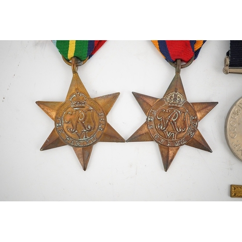 298 - Seven WWII medals and stars; The Burma Star with a clasp for Pacific,The Africa Star with a clasp fo... 