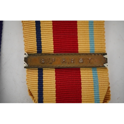 298 - Seven WWII medals and stars; The Burma Star with a clasp for Pacific,The Africa Star with a clasp fo... 