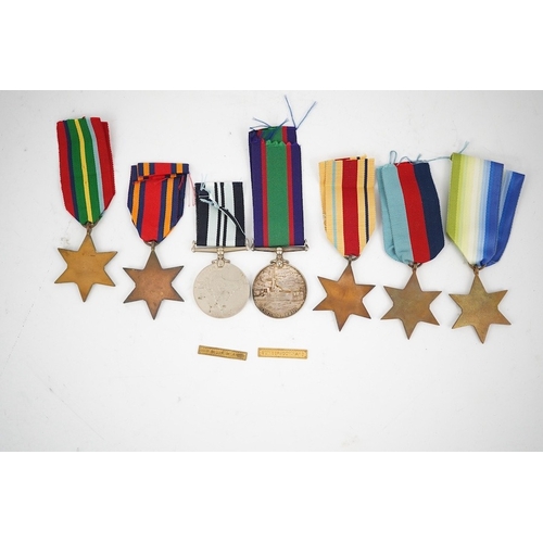 298 - Seven WWII medals and stars; The Burma Star with a clasp for Pacific,The Africa Star with a clasp fo... 