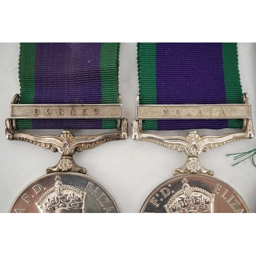 300 - Five medals including three ERII General Service Medals; a medal for Malaya awarded to T/23354816 DV... 