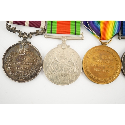 302 - A medal group comprising of a Meritorious Service medal, a 1939 to 1945 Defence Medal, and a First W... 