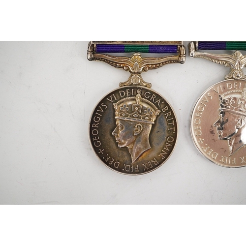 306 - Four George VI General Service Medals; a medal for Malaya awarded to 2433587 S.A.C. R. Bennett. R.A.... 