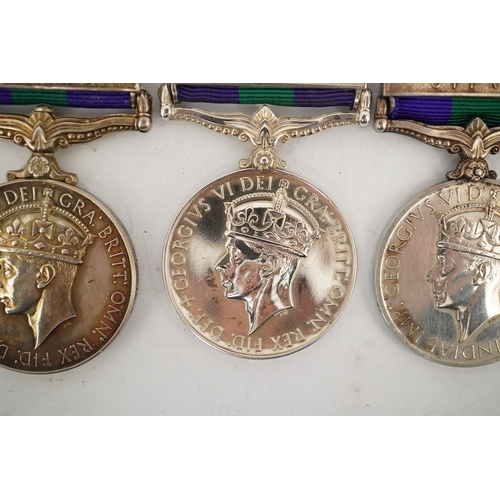 306 - Four George VI General Service Medals; a medal for Malaya awarded to 2433587 S.A.C. R. Bennett. R.A.... 