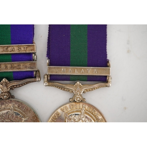 306 - Four George VI General Service Medals; a medal for Malaya awarded to 2433587 S.A.C. R. Bennett. R.A.... 