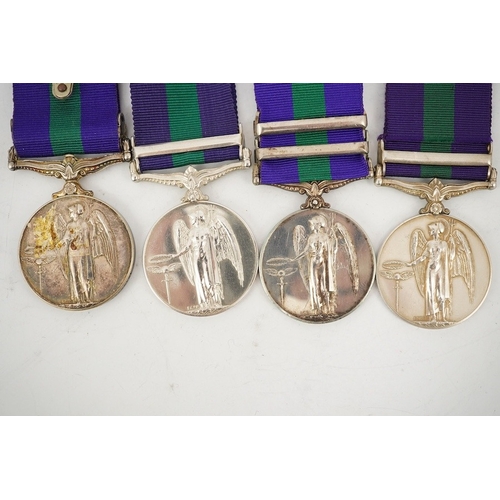 306 - Four George VI General Service Medals; a medal for Malaya awarded to 2433587 S.A.C. R. Bennett. R.A.... 