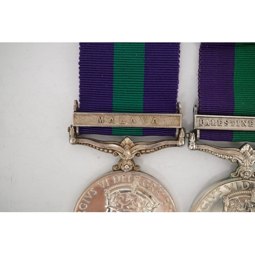 309 - Four George VI General Service Medals; a medal for Palestine awarded to 527328 A.C.I. R.A. Jones R.A... 