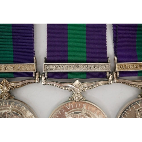 309 - Four George VI General Service Medals; a medal for Palestine awarded to 527328 A.C.I. R.A. Jones R.A... 