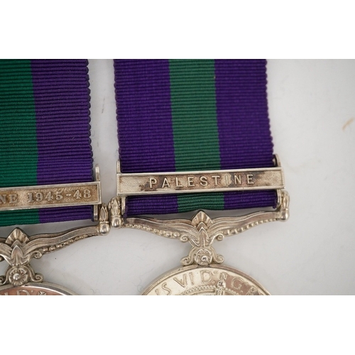 309 - Four George VI General Service Medals; a medal for Palestine awarded to 527328 A.C.I. R.A. Jones R.A... 