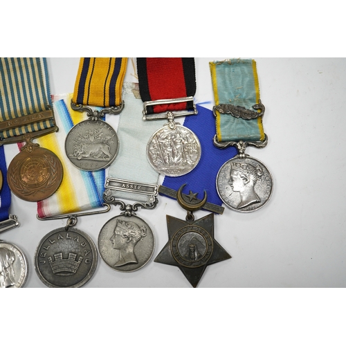 331 - Eleven military medals, most are replica examples, etc. including; a reproduction Natal Rebellion Me... 