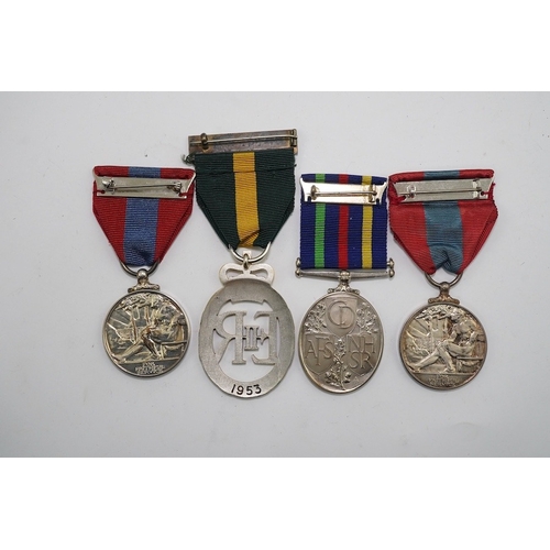 334 - Four ERII service medals; Imperial Service medal to Alexander Manuel, another to Sydney John Jeffery... 