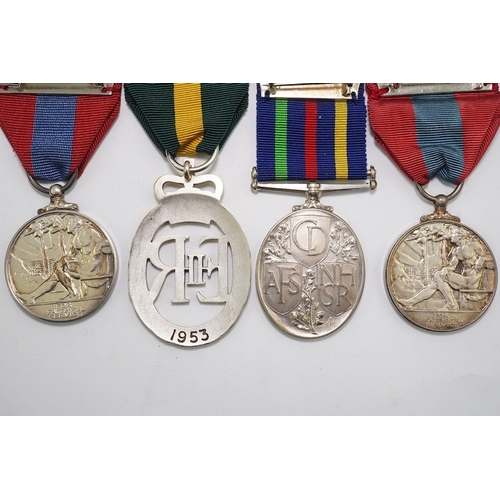 334 - Four ERII service medals; Imperial Service medal to Alexander Manuel, another to Sydney John Jeffery... 