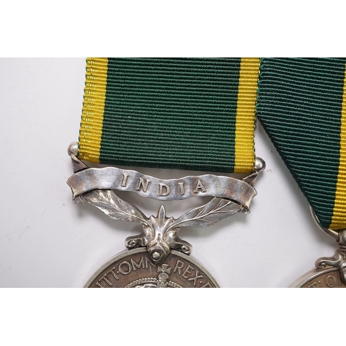 336 - Six assorted Efficiency medals; GV (C) India to Pte.F.S.Slee,1 E.I.RY.R.,A.F.I.;GV (A) Territorial t... 