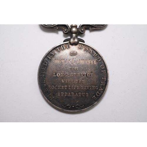 346 - A GV Rocket Apparatus Volunteer Long Service medal to Thomas Campbell. Condition - fair.