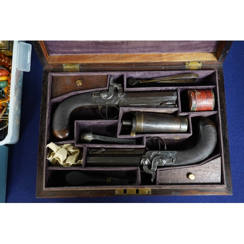 354 - A pair of rosewood cased Blake & Co. London percussion cap travelling pistols, with octagonal barrel... 