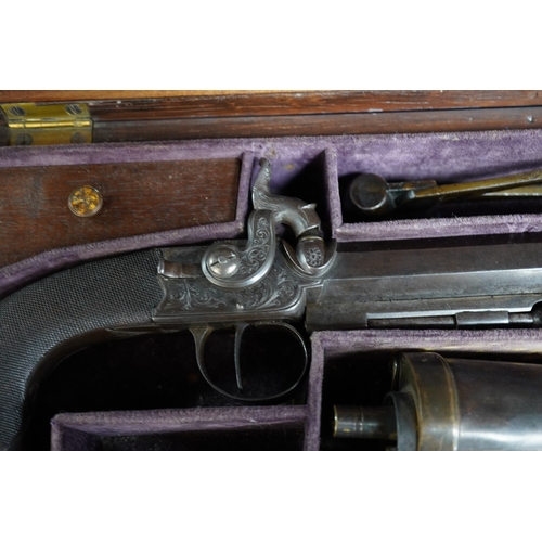 354 - A pair of rosewood cased Blake & Co. London percussion cap travelling pistols, with octagonal barrel... 