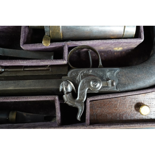 354 - A pair of rosewood cased Blake & Co. London percussion cap travelling pistols, with octagonal barrel... 