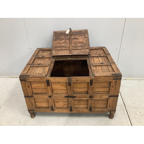 38 - An Indian iron mounted hardwood trunk, width 87cm, depth 63cm, height 54cm. Condition - fair