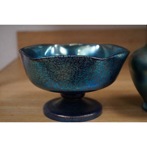 407 - A Loetz cobalt Papillon iridescent glass footed hexagonal bowl, a Kralik blue iridescent vase and a ... 