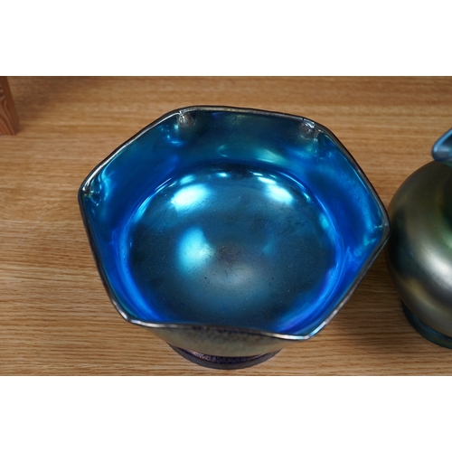 407 - A Loetz cobalt Papillon iridescent glass footed hexagonal bowl, a Kralik blue iridescent vase and a ... 