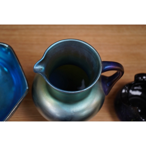 407 - A Loetz cobalt Papillon iridescent glass footed hexagonal bowl, a Kralik blue iridescent vase and a ... 